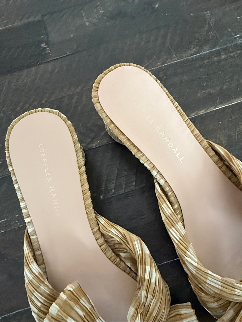 Loeffler Randall Emilia Tan Cream Gingham Pleated Knot Mules - Picture 2 of 4